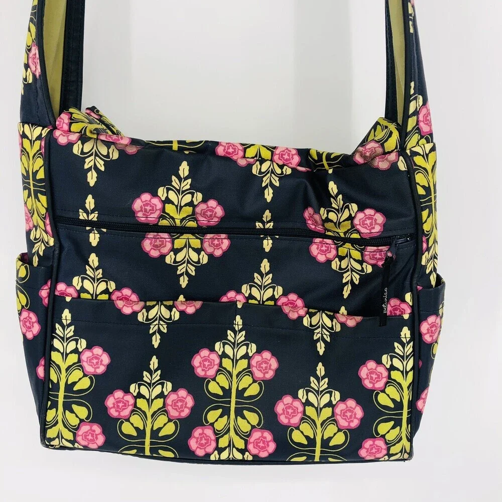 Petunia Pickle Bottom Black Green Pink Floral Shoulder Strap Diaper Bag W/ Pad